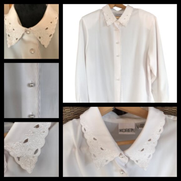 Koret Vintage 80s Cream Blouse: Size 16, Scalloped Eyelet Embroidery Detail - Picture 12 of 16